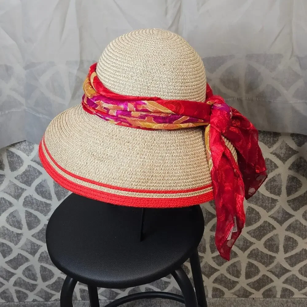 Betmar New York Paper Poly Blend Red Stripe Trim Wide Brim Bell Shape Sun Hat